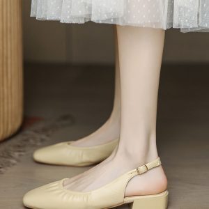 Women's Backless Flat Sandals with Low Heel, Comfortable Soft Leather One-Strap Buckle, French Style Summer Footwear