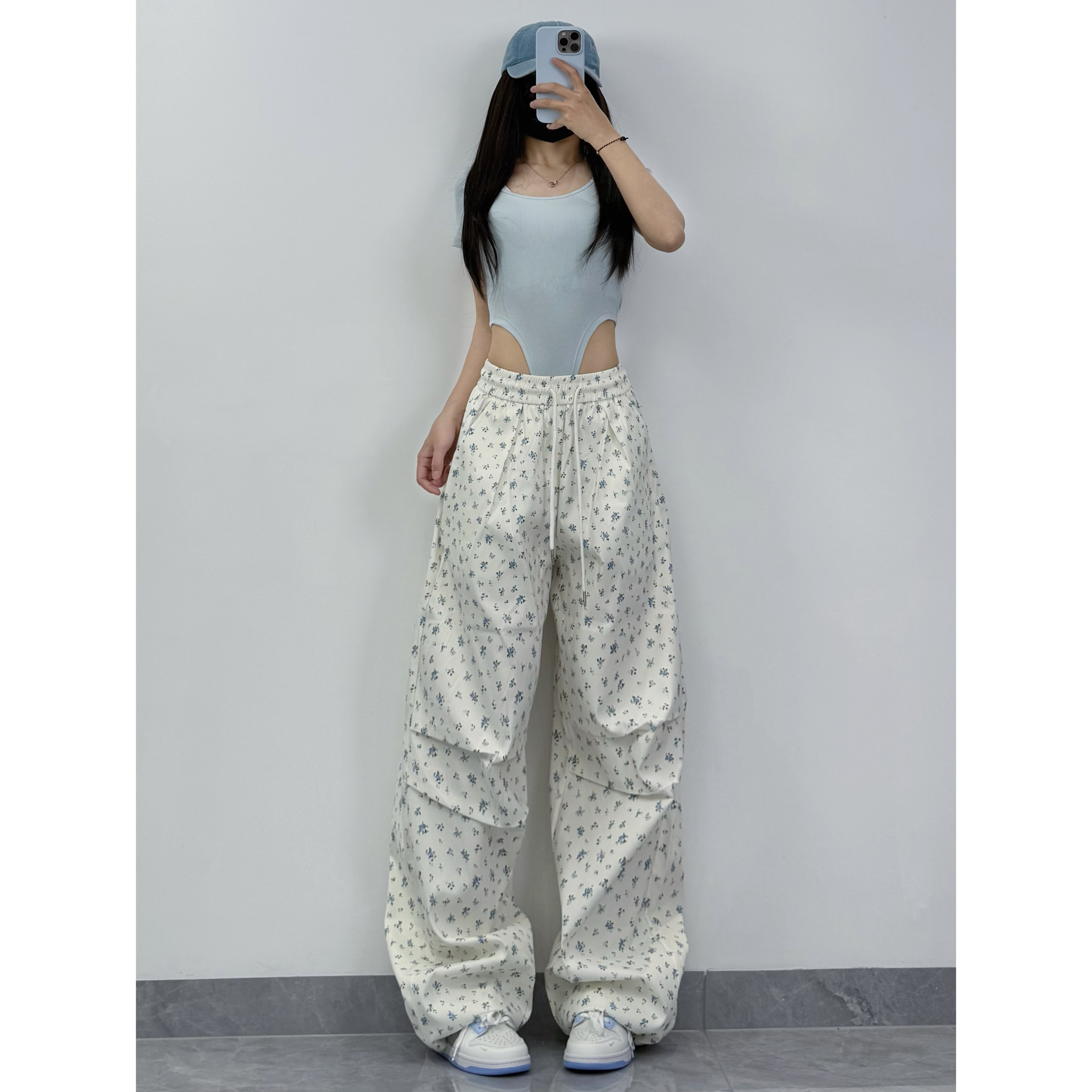 Women’s Backless Jumpsuit and Floral Cargo Straight Leg Pants Jazz Dance Set in Milk Blue - Trendy Y2K Style Outfit