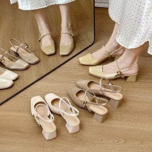 Women's Backless Mary Jane Sandals - Chunky Heel, Square Toe, One-Strap Buckle - Summer 2025 Style