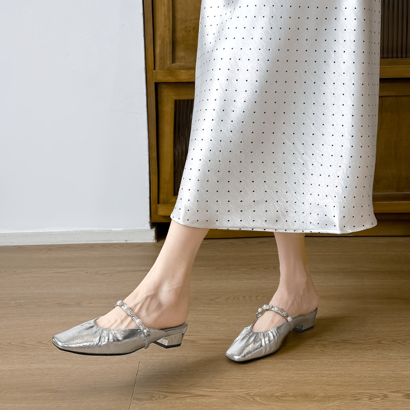 Women’s Baotou Small Heel Slippers - 2025 Summer Outdoor Wear, Silver High-End Style, Trendy Lazy Shoes for Skirts