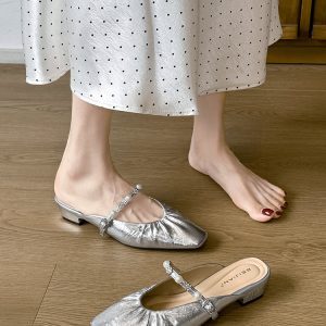 Women’s Baotou Small Heel Slippers - 2025 Summer Outdoor Wear, Silver High-End Style, Trendy Lazy Shoes for Skirts