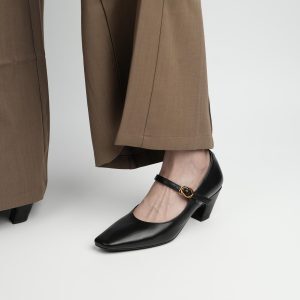 Women's Black Chunky Heel Round-Toe Work Shoes - Mid-Heel Leather Commuting Footwear for Office Style