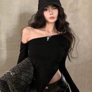 Women's Black Fitted Jazz Dance Top - Spring Autumn Base Layer for K-Pop Music Festival, Stylish Short Sleeve Design