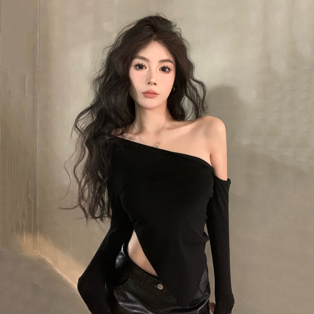Women's Black Fitted Jazz Dance Top - Spring Autumn Base Layer for K-Pop Music Festival, Stylish Short Sleeve Design