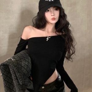 Women's Black Fitted Jazz Dance Top - Spring Autumn Base Layer for K-Pop Music Festival, Stylish Short Sleeve Design