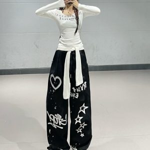 Women's Black Graffiti Sweatpants - Hip-Hop Street Dance Casual Loose Straight-Leg Pants for Versatile Y2K Style