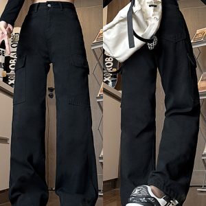Women's Black High-Waisted Wide-Leg Jeans - Casual Slim-Fit American Workwear Style, Versatile Floor-Length Design