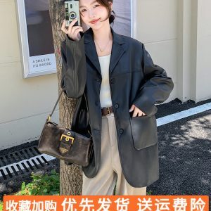 Women's Black Leather Motorcycle Jacket - Retro American Style, Casual Design for Spring and Autumn 2025