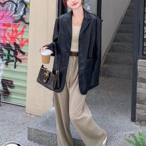 Women's Black Leather Motorcycle Jacket - Retro American Style, Casual Design for Spring and Autumn 2025