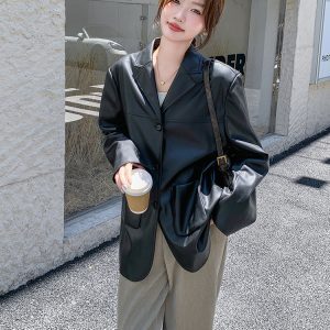 Women's Black Leather Motorcycle Jacket - Retro American Style, Casual Design for Spring and Autumn 2025
