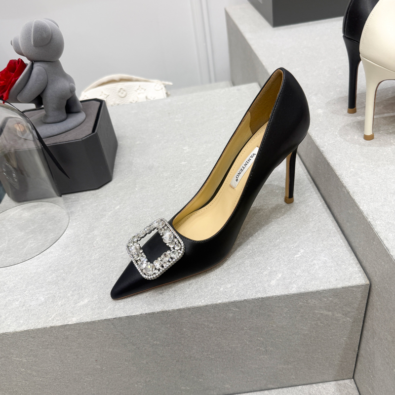 Women's Black Matte Pointed Toe High Heels with Rhinestone Square Buckle - Comfortable Fashion Shoes