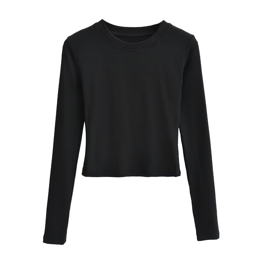 Women's Black Round Neck Long Sleeve Base Layer Top - 2024 Autumn Versatile Essential T-Shirt for Layering