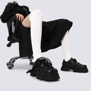 Women's Black Thick-Soled Dad Shoes, 2025 Spring/Summer Sports Flats, Slimming Leather Sneakers for Casual Style