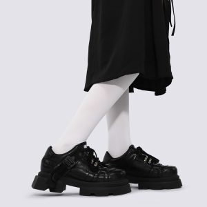 Women's Black Thick-Soled Dad Shoes, 2025 Spring/Summer Sports Flats, Slimming Leather Sneakers for Casual Style