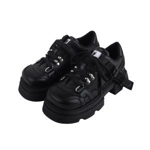 Women's Black Thick-Soled Dad Shoes, 2025 Spring/Summer Sports Flats, Slimming Leather Sneakers for Casual Style