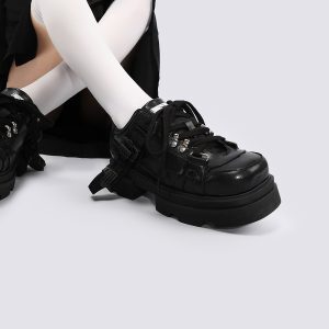 Women's Black Thick-Soled Dad Shoes, 2025 Spring/Summer Sports Flats, Slimming Leather Sneakers for Casual Style