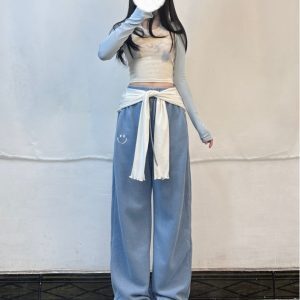Women's Blue Cat Short Top with Baby Blue Jogger Casual Pants - Jazz Dance Outfit for Comfortable Style