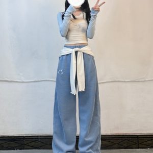 Women's Blue Cat Short Top with Baby Blue Jogger Casual Pants - Jazz Dance Outfit for Comfortable Style