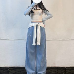 Women's Blue Cat Short Top with Baby Blue Jogger Casual Pants - Jazz Dance Outfit for Comfortable Style