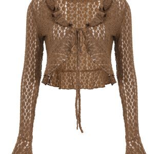 Women's Brown Ruffled Lace-Up Cardigan T-Shirt with Slim Fit and Short Flared Sleeves - Trendy Y2K Style Top