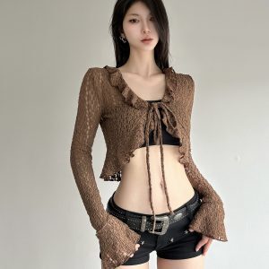 Women's Brown Ruffled Lace-Up Cardigan T-Shirt with Slim Fit and Short Flared Sleeves - Trendy Y2K Style Top