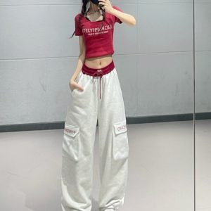 Women's Burgundy Splicing Cargo Pants - Jazz Dance Two-Piece Sports Set with Elastic Waist, Casual Sweatpants, Y2K Style