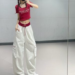 Women's Burgundy Splicing Cargo Pants - Jazz Dance Two-Piece Sports Set with Elastic Waist, Casual Sweatpants, Y2K Style