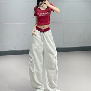 Women's Burgundy Splicing Cargo Pants - Jazz Dance Two-Piece Sports Set with Elastic Waist, Casual Sweatpants, Y2K Style