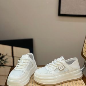 Women's Casual Lace-Up Breathable White Sneakers with Thick Soles - Genuine Leather, Versatile Summer 2025 Style, Trendy Footwear