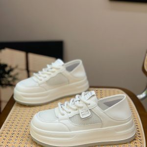 Women's Casual Lace-Up Breathable White Sneakers with Thick Soles - Genuine Leather, Versatile Summer 2025 Style, Trendy Footwear