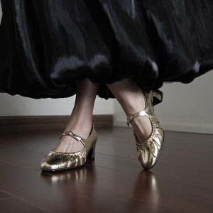 Women's Chunky Heel Mary Jane Shoes - Small Round Toe, Shallow Mouth, All-Season Flats in Gold and Silver for Spring Style