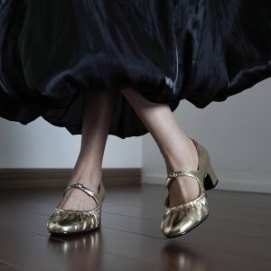 Women's Chunky Heel Mary Jane Shoes - Small Round Toe, Shallow Mouth, All-Season Flats in Gold and Silver for Spring Style