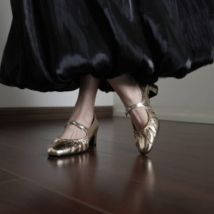Women's Chunky Heel Mary Jane Shoes - Small Round Toe, Shallow Mouth, All-Season Flats in Gold and Silver for Spring Style