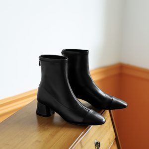 Women’s Chunky Heeled Color-Block Short Boots, Genuine Leather Mid-Calf Booties for Autumn Winter, Stylish Nude Footwear