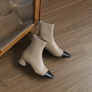 Women’s Chunky Heeled Color-Block Short Boots, Genuine Leather Mid-Calf Booties for Autumn Winter, Stylish Nude Footwear