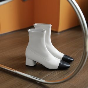 Women’s Chunky Heeled Color-Block Short Boots, Genuine Leather Mid-Calf Booties for Autumn Winter, Stylish Nude Footwear