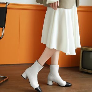 Women’s Chunky Heeled Color-Block Short Boots, Genuine Leather Mid-Calf Booties for Autumn Winter, Stylish Nude Footwear