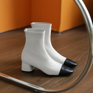 Women’s Chunky Heeled Color-Block Short Boots, Genuine Leather Mid-Calf Booties for Autumn Winter, Stylish Nude Footwear