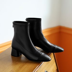 Women’s Chunky Heeled Color-Block Short Boots, Genuine Leather Mid-Calf Booties for Autumn Winter, Stylish Nude Footwear