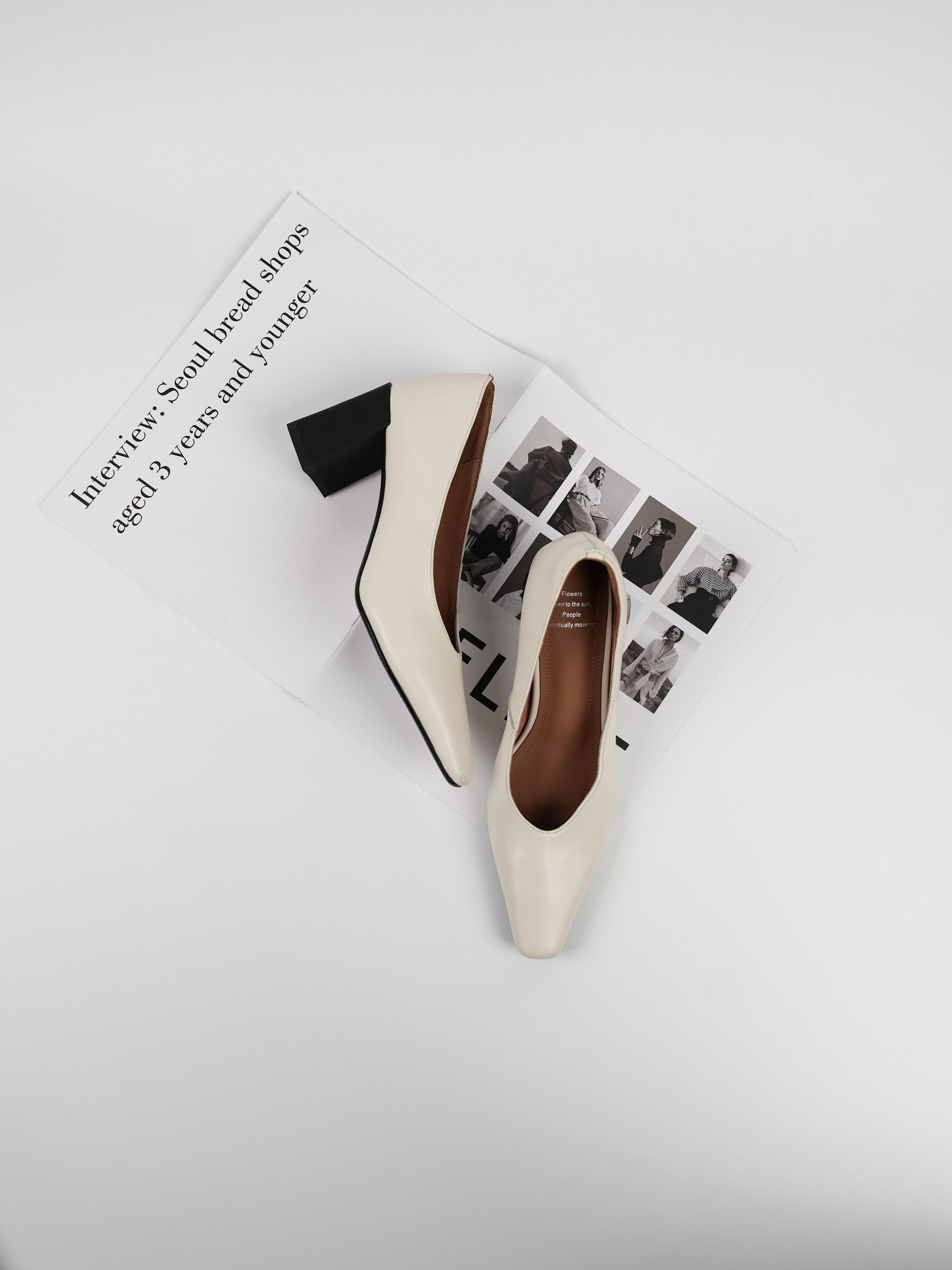 Women's Chunky High Heel Shoes - Elegant White Office Footwear, Shallow Mouth Design, Slimming Style for All Seasons