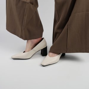 Women's Chunky High Heel Shoes - Elegant White Office Footwear, Shallow Mouth Design, Slimming Style for All Seasons