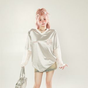Women's College Style Long Sleeve Lace Splicing T-Shirt - Summer Sports Leisure Top with Sun Protection, Unique Jersey Design