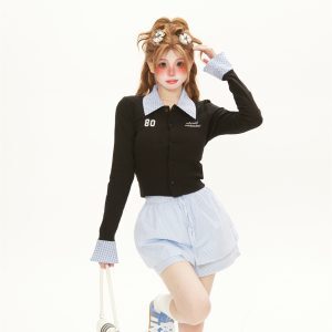 Women's College Style Plaid Splicing Two-Piece Set - Slim Fit Long Sleeve Cardigan and Skirt Pants for Spring & Summer
