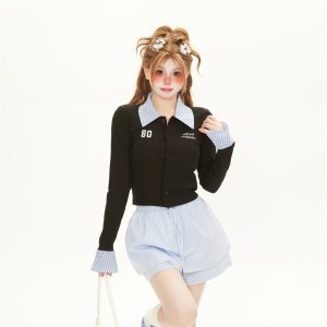 Women's College Style Plaid Splicing Two-Piece Set - Slim Fit Long Sleeve Cardigan and Skirt Pants for Spring & Summer