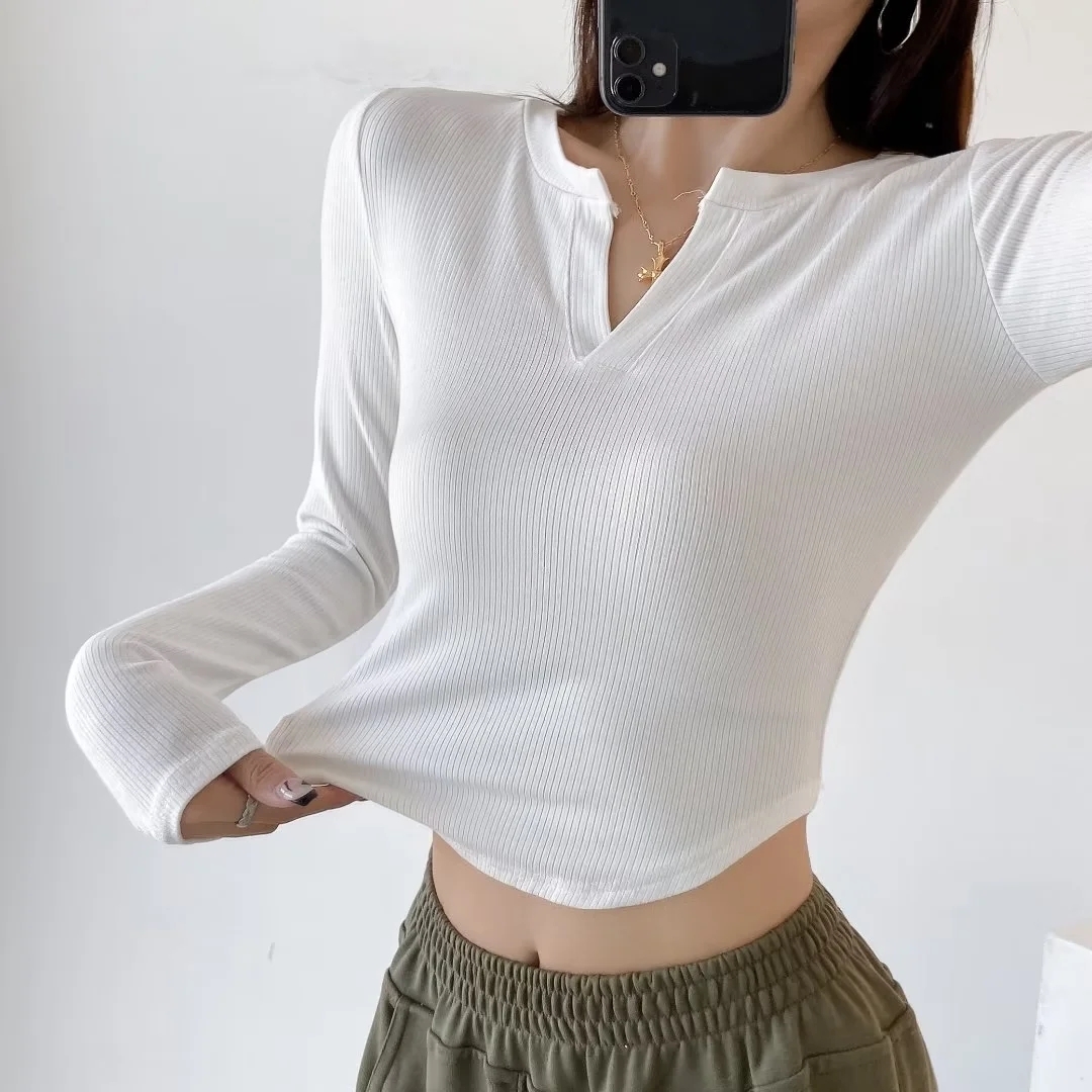 Women's Cropped Long Sleeve T-Shirt - Lyrical Jazz Dance Style, Slim Fit, Curved Hem, Small V-Neck, Streetwear Fashion