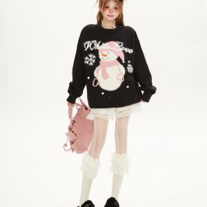 Women's Cute Cartoon Snowman Jacquard Sweater, Loose-Fitting Round Neck Knit Top for a Relaxed Y2K Winter Look
