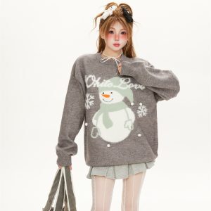 Women's Cute Cartoon Snowman Jacquard Sweater, Loose-Fitting Round Neck Knit Top for a Relaxed Y2K Winter Look