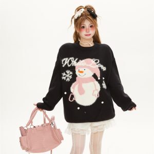 Women's Cute Cartoon Snowman Jacquard Sweater, Loose-Fitting Round Neck Knit Top for a Relaxed Y2K Winter Look