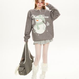 Women's Cute Cartoon Snowman Jacquard Sweater, Loose-Fitting Round Neck Knit Top for a Relaxed Y2K Winter Look
