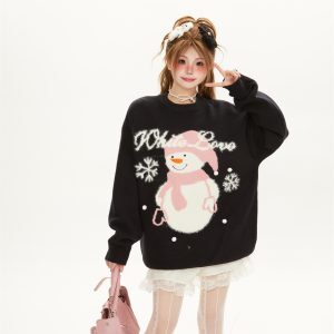Women's Cute Cartoon Snowman Jacquard Sweater, Loose-Fitting Round Neck Knit Top for a Relaxed Y2K Winter Look